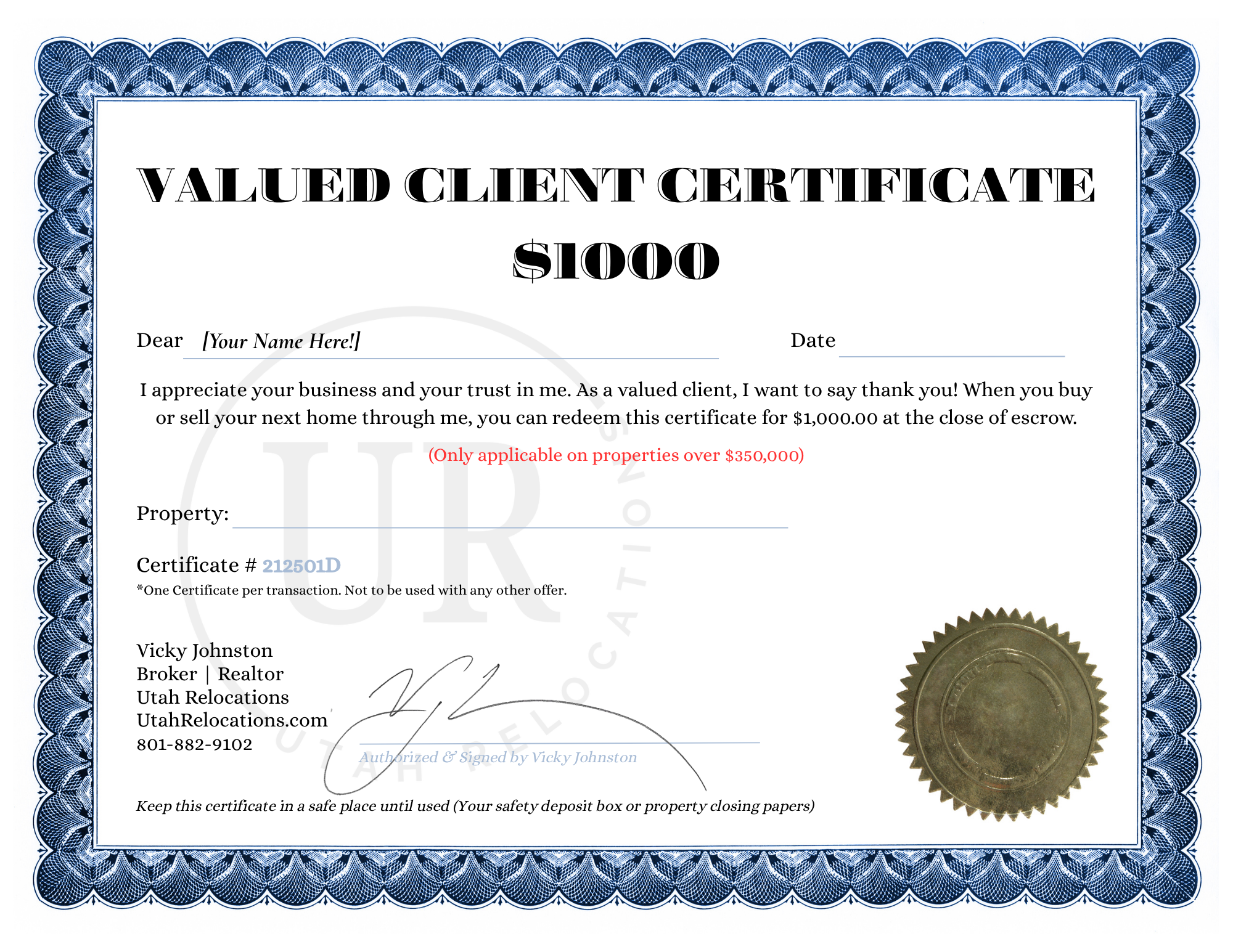 $1000 Cash Back Certificate