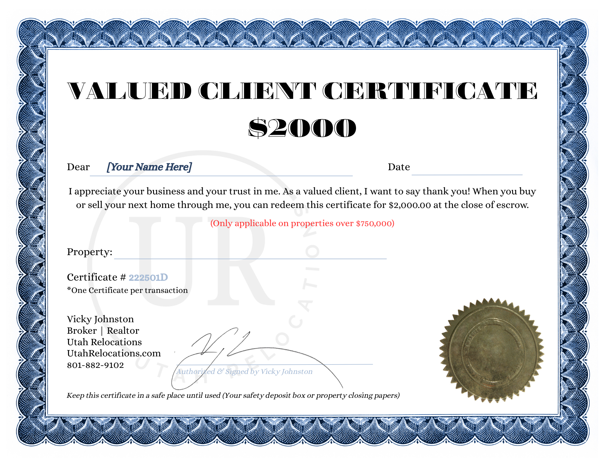 $2000 cash back certificate